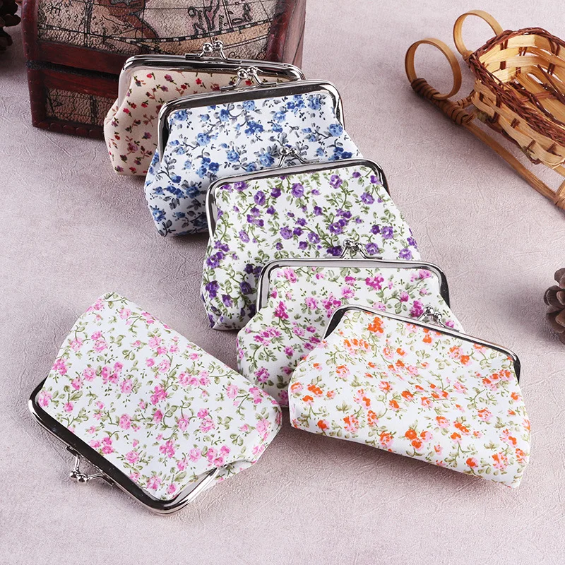 2017 Women Coin Purse Cute Flower Print Ladies Small Purse Coin Bag Two Metal Button Pocket Coin ...