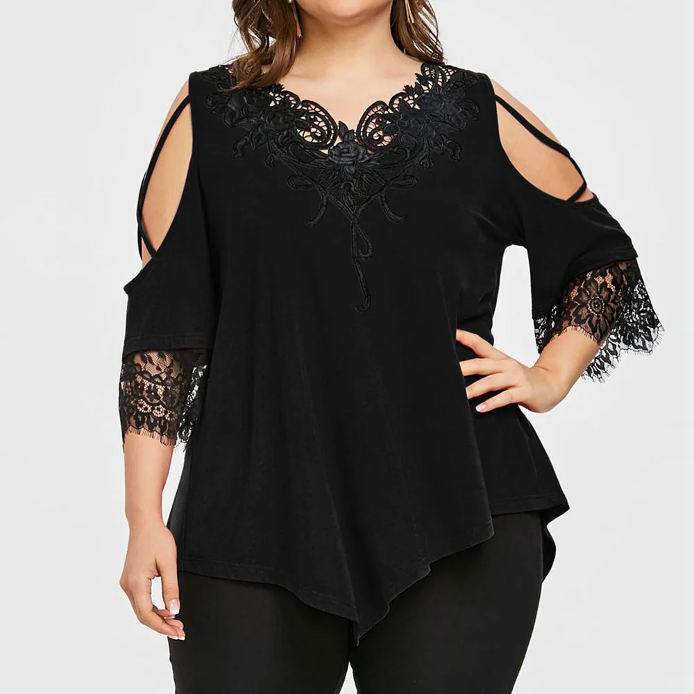 

2019 korean clothes t shirt Women Large Size Women Lace Off Shoulder T-Shirt Short Sleeve Casual Top Bluses camiseta mujer
