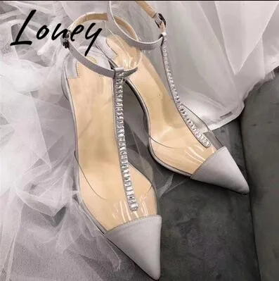 Loney New Clear Transparent PVC Summer Pumps Sexy Pointed Toe Crystal Beading High Heels Pumps Shoes Women