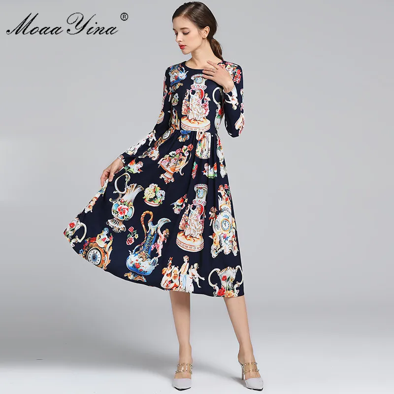 

MoaaYina 2019 Fashion Designer Runway Dress Spring Autumn Women Long sleeve Angel Floral-Print Vintage Elegant Dress Vestidos