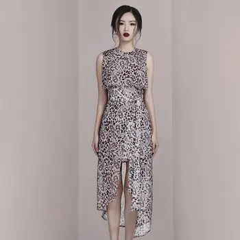 

Summer 2019 Leopard O Neck Slit Sleeveless Print Dress Sexy Women Elegant Lace Bow Night Club Body con Party Dresses Wholesale