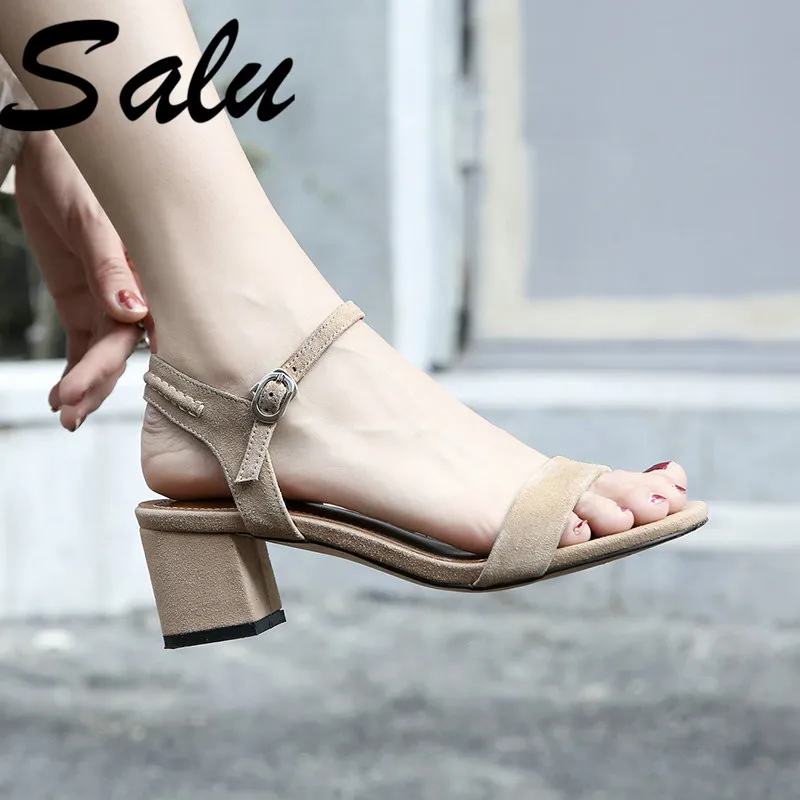 

Salu Sheep Skin Sandals New High Thick Heels Sandals Genuine Leather Spring Summer Buckle Strap Women Shoes 35-40 Size