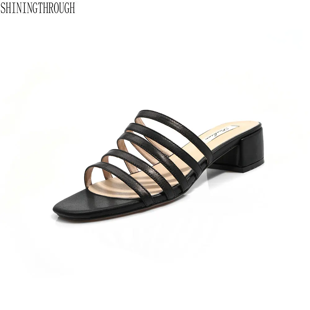 

4cm high heels Women slipper Genuine Leather ladies shoes woman Summer Party Casual sandals ladies Shoes large size 34-43