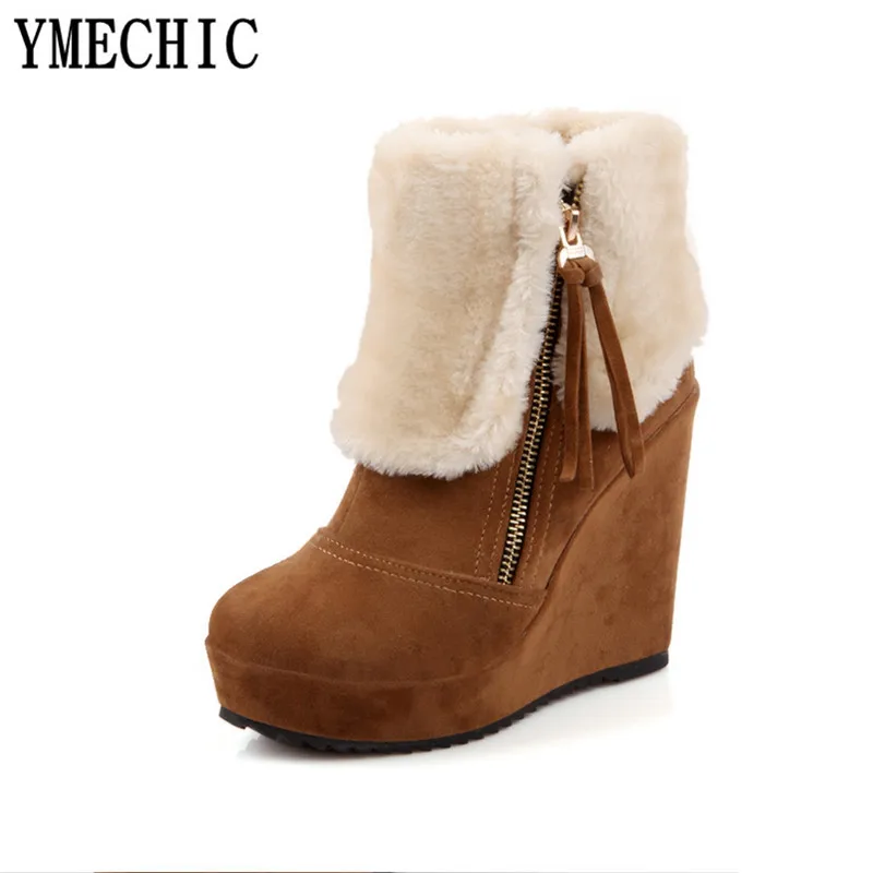 Ymechic женские Теплый плюш из флока желтый чёрный коричневый Платформа высокий