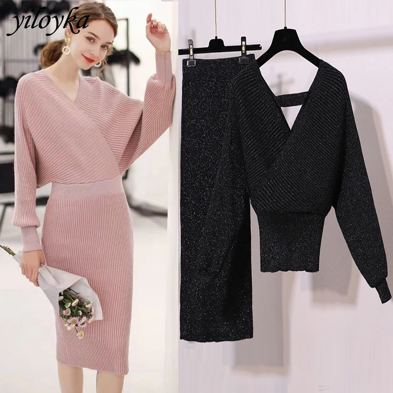 

New Autumn Skirt Set Women Sweater + Skirt Two Piece Sets Female Casual 2 Piece Set Winter Suits Loose Sweater Knit Pencil Skirt