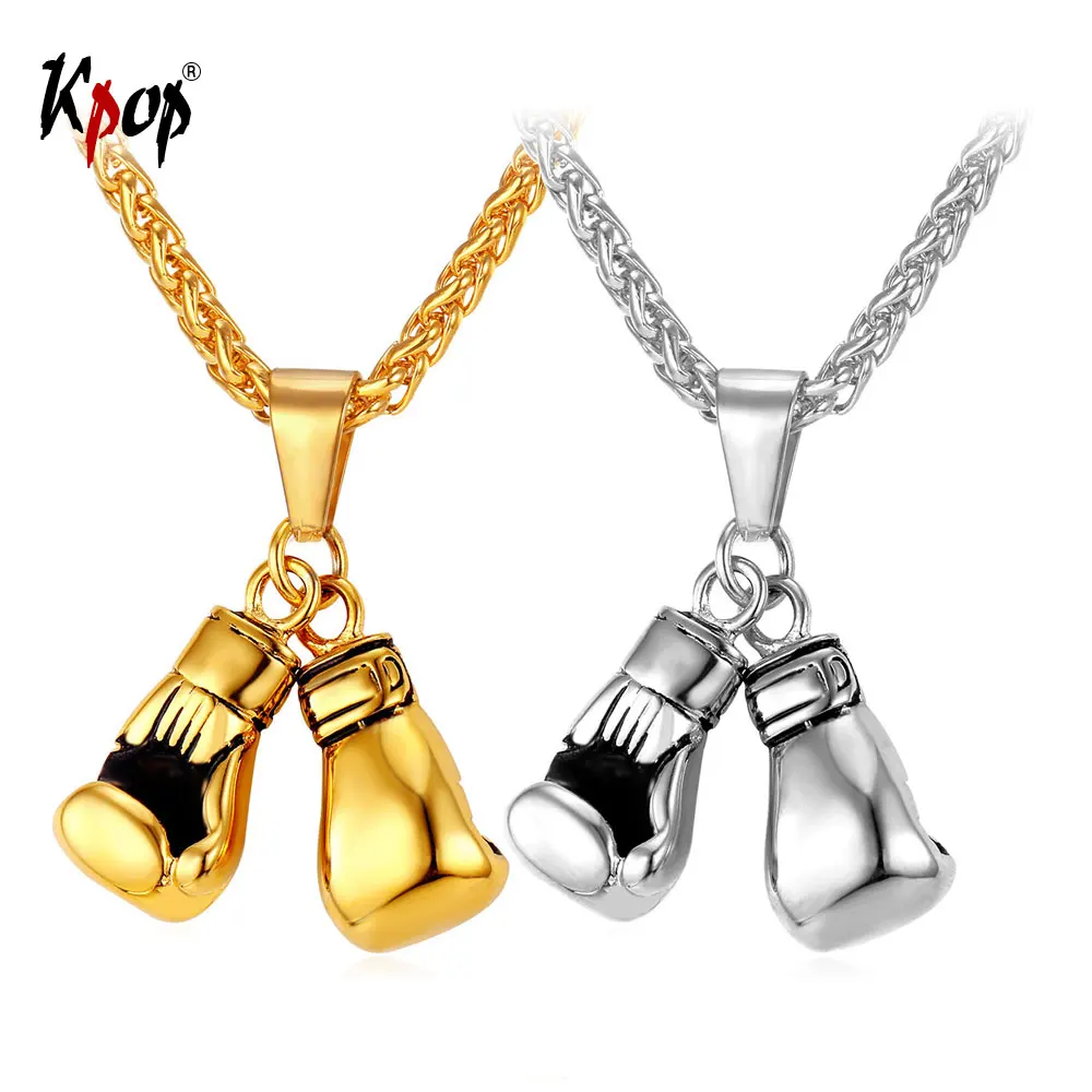 Kpop Necklace Men Sport Jewelry Boxer Gift Stainless Steel Gold Color Boxing Gloves Pendant Necklace P2171