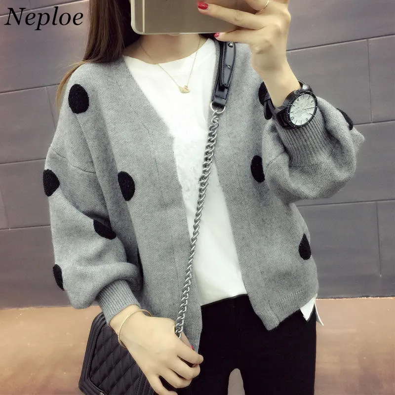 

Neploe Short Cardigans Autumn Woman Coat 2019 Long Lantern Sleeve V-neck Knit Outwear Fashion Dot Woman Knitwear 33567