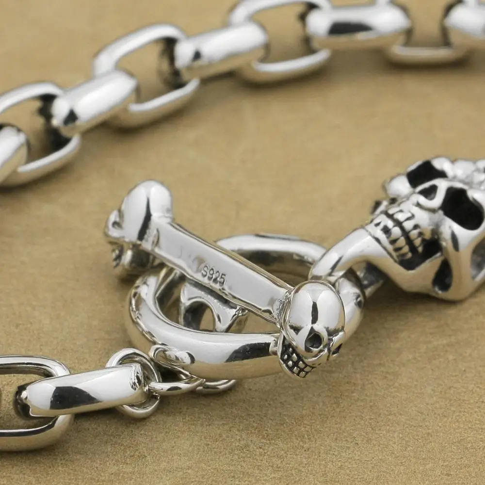 Handmade Skull Chain 925 Sterling Silver Mens Biker Rock Punk Bracelet 9N022C