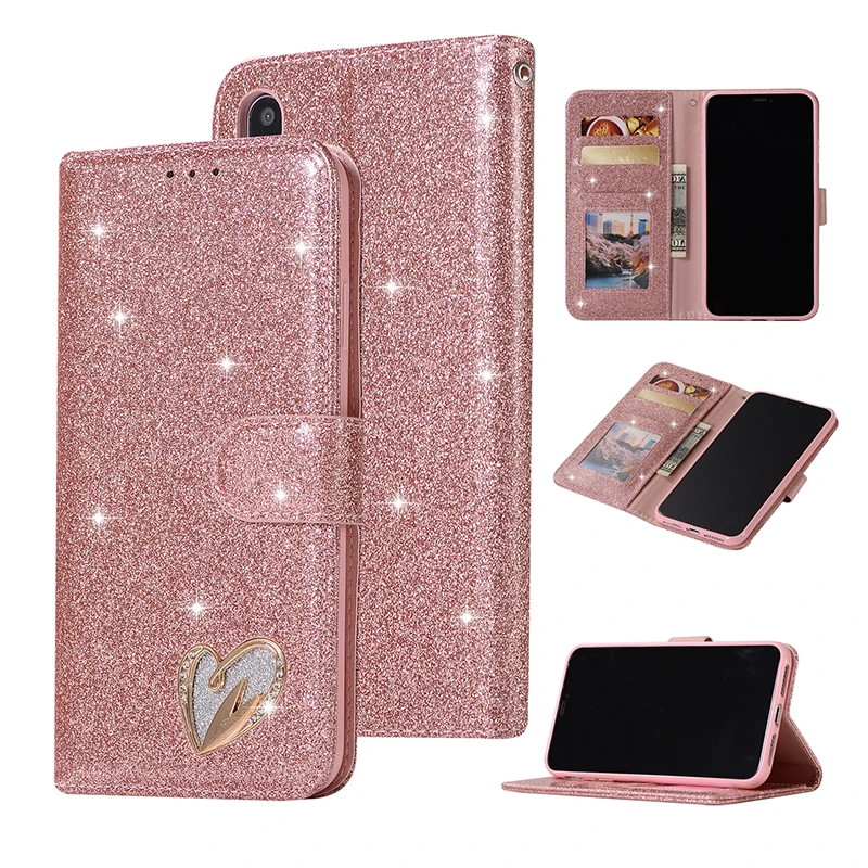 Glitter Flip Leather Case For iPhone X 10 XR 7 8 Plus Bling Love Heat