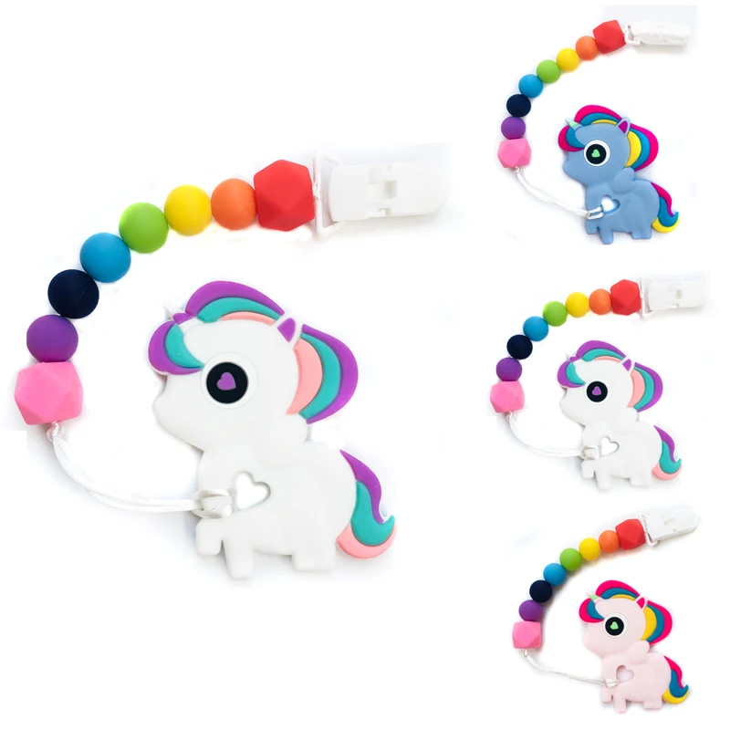 Chupeta do Bebê Mordedor de Silicone Feitas à Mão Colorido do Grânulo Brinquedo da Mastigação Titular da Chupeta Unicórnio Cadeias Engraçado Clips Chupeta Cadeia Infantil 2 Silicone feitas À Mão Engraçado Colorido Do