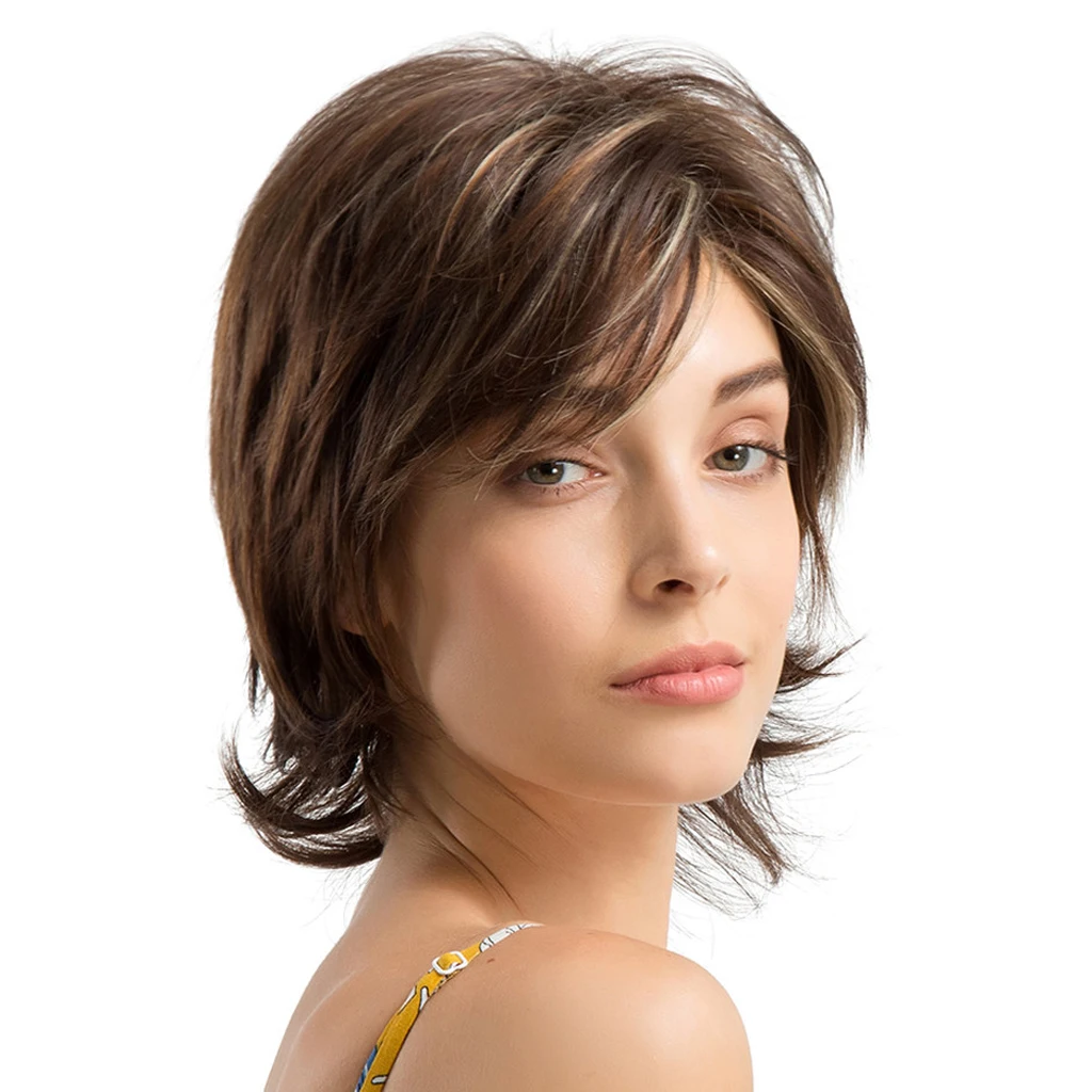 10 Inch Natural Curly Pixie Cut Layered Wig for Women Human Hair with Side Fringe short inclined bang layered shaggy slightly curly human hair wig