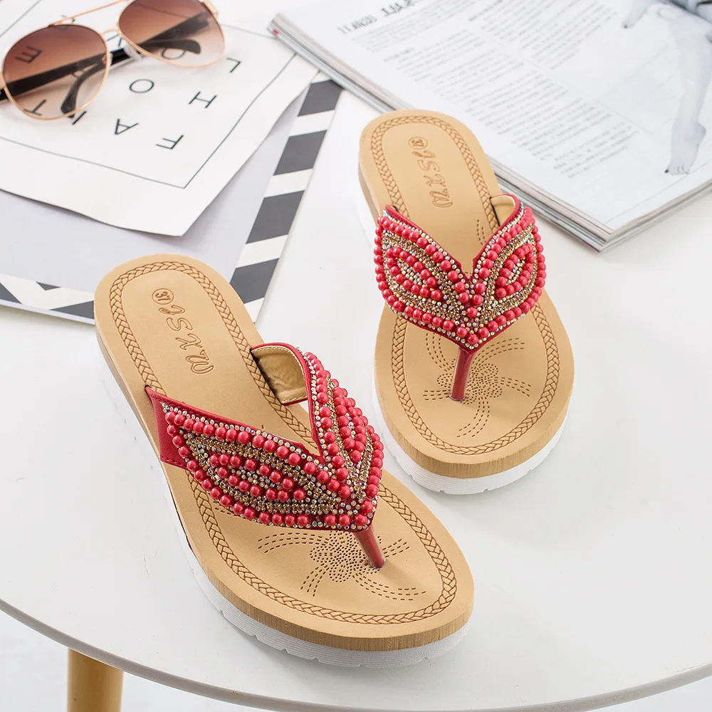 

2019 Hot Fashion Women Sandals Elastic T-strap Bohemia Beaded Slipper Sandals Women Summer Flip Flop Shoes