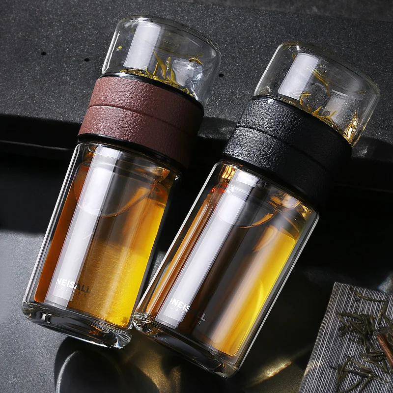 Cena Dwuwarstwowa szklana butelka kreatywna wysokiej jakości szkło borokrzemowe filiżanka herbata nauczyciel separacja butelka wody 320ML + 200ML