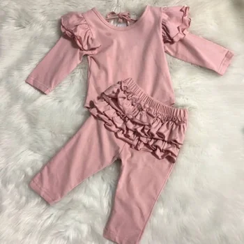 

2 Pieces Solid Ruffled Long sleeve Bodysuit and Pant Set For Baby Girl Clothes