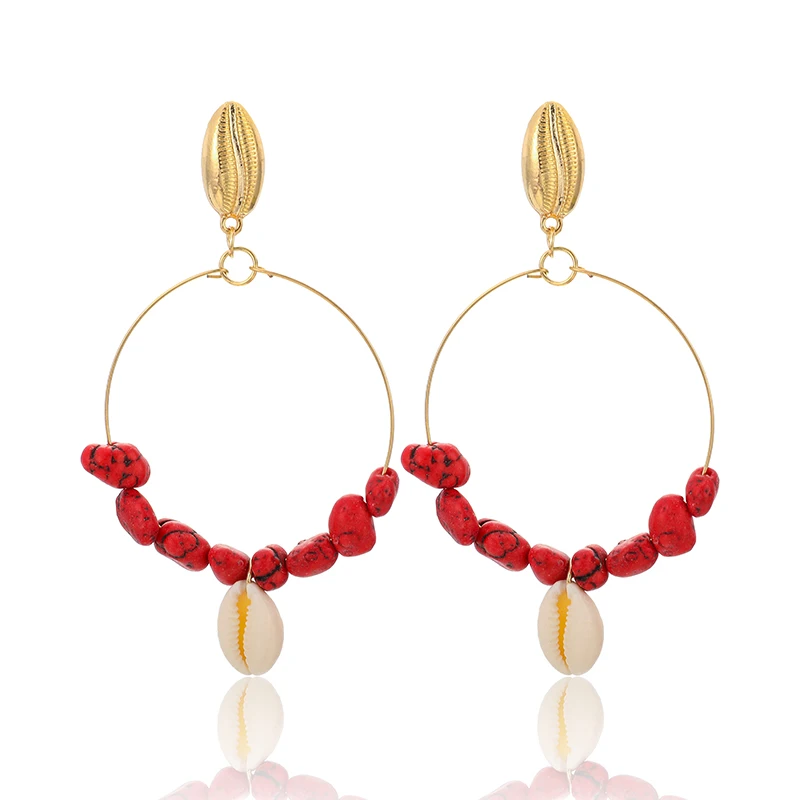 

docona Bohemian Green Red Stone Beaded Shell Pendant Earring for Women Circle Geometric Drop Dangle Earrings Jewelry A37507