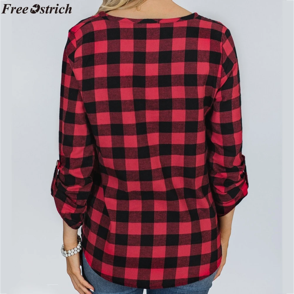 FREE OSTRICH Women New Arrival Classic Fashion Blouse Plaid V-neck Loose Female Casual Button Ladies Shirt Knotted Plus Size Top