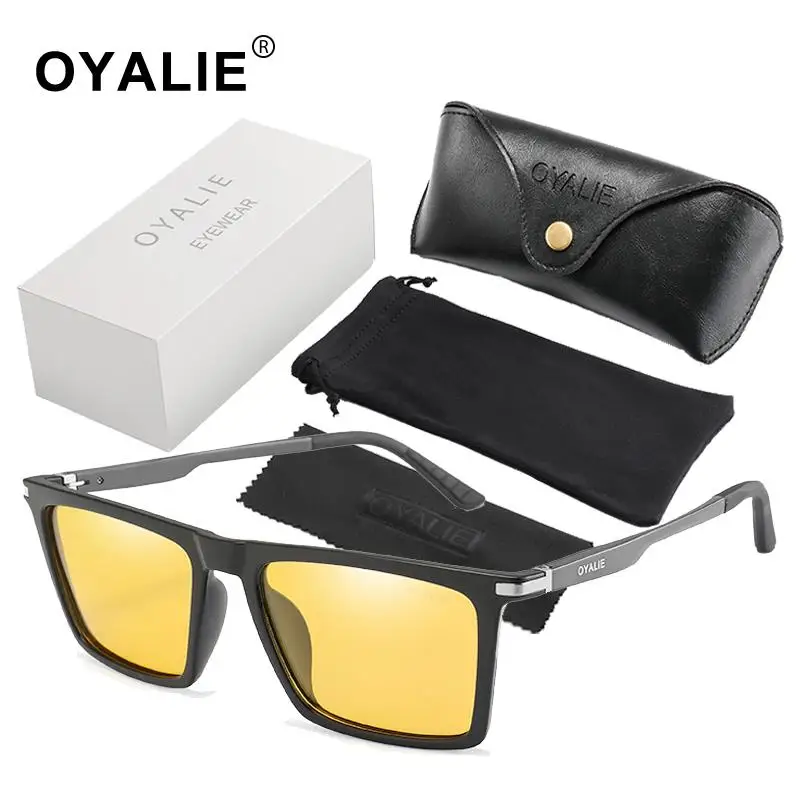 matte blackyellowBAL OYALIE HD поляризованные солнцезащитные очки мужские Квадратные Зеркальные Солнцезащитные очки для Wio мужские водительские оправы для очков с футляром Gafas de sol - Цвет линз: matte blackyellowBAL