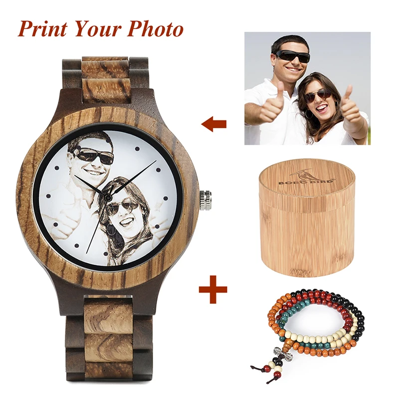 BOBO BIRD Watch Men Custom Print Photo on Wood Watches Dial Creative Design Quartz Wristwatch relogio masculino UV-D30