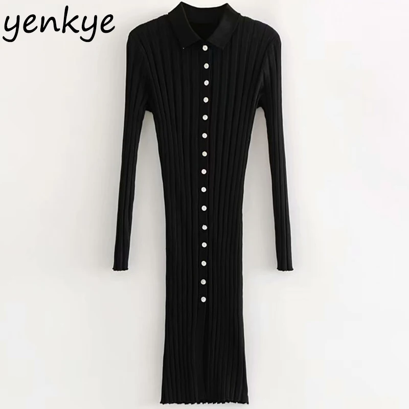 

European Style Women Vintage Black Rib Knitted Dress Lady Turn-down Collar Long Sleeve Slim Autumn Dress Midi vestido mujer