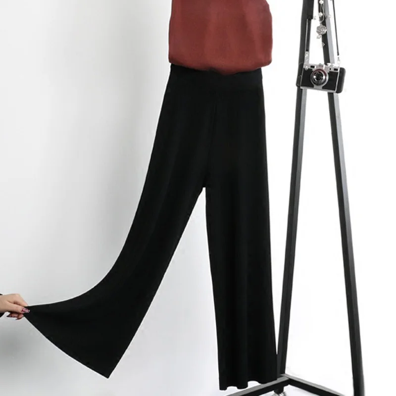 Летняя модная женская короткая эластичная резинка на талии, одноцветные вязанные Широкие штаны до щиколотки, женские вязаные широкие свободные брюки для отдыха