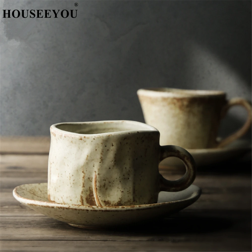Керамическая кофейная чашка Цзиндэчжэнь, блюдца в японском стиле ретро, лаконичные керамические стаканы ручной работы, пигментированные чашки с ручкой, подарки|Чашки и соусницы|   | АлиЭкспресс