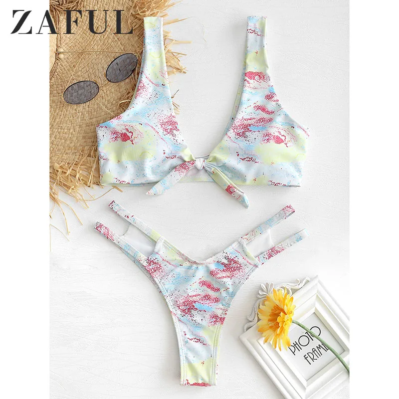 

ZAFUL Pink Tie Dye Sport Bikini Set Padded Low Waisted Women Bikini Set Baach Casual Summer Swimwear Female Sexy Swimsuit