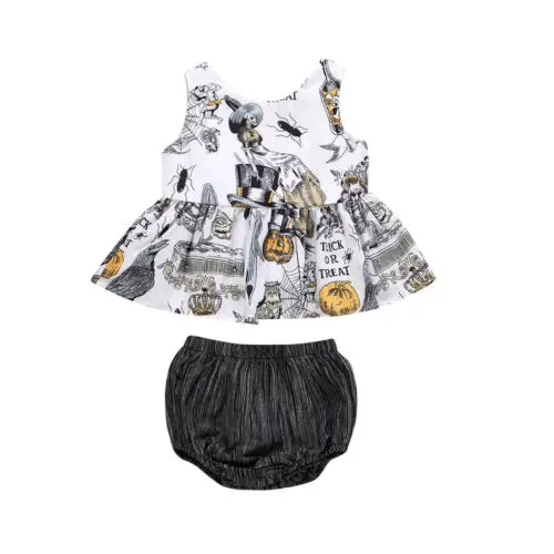 Lovely 2Pcs Newborn Baby Girls Halloween Pumpkin Ghost Tops T-shirt+Shorts PP Pants Sleeveless Cute Baby Girl Outfits Clothes