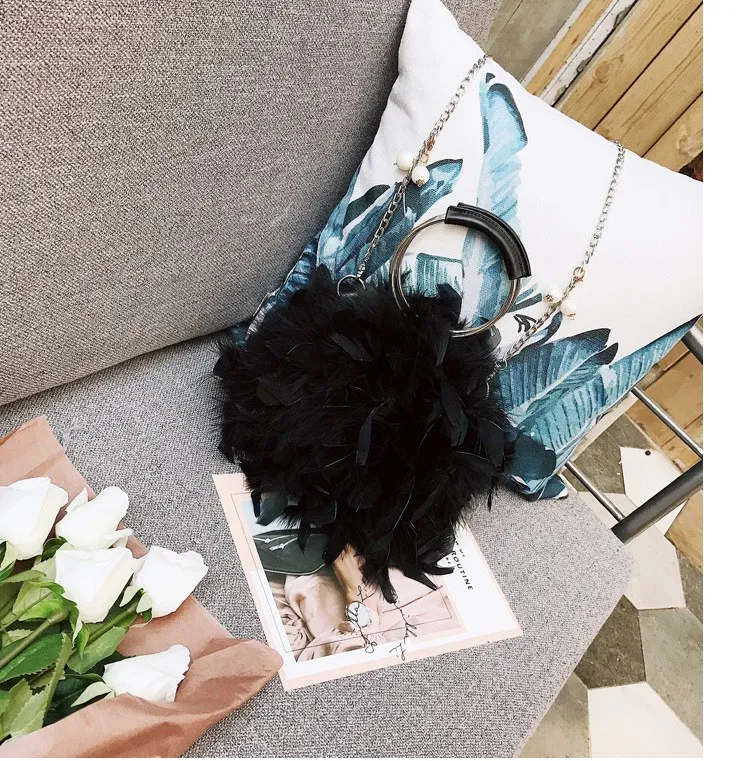 Blascher New 2018 Autumn New Furry Women's Messenger Bag Round Plush Bag Magnetic Buckle Ostrich Feather Chain Ring Bag SQ13 (2)
