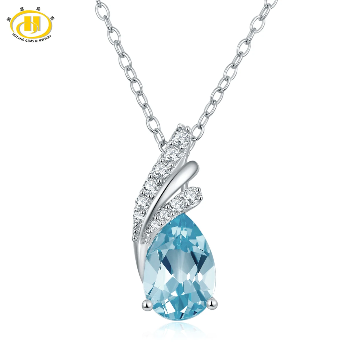 Hutang Teardrop Real Blue Topaz Necklace 925 Sterling Silver Gemstone Necklaces & Pendants Women