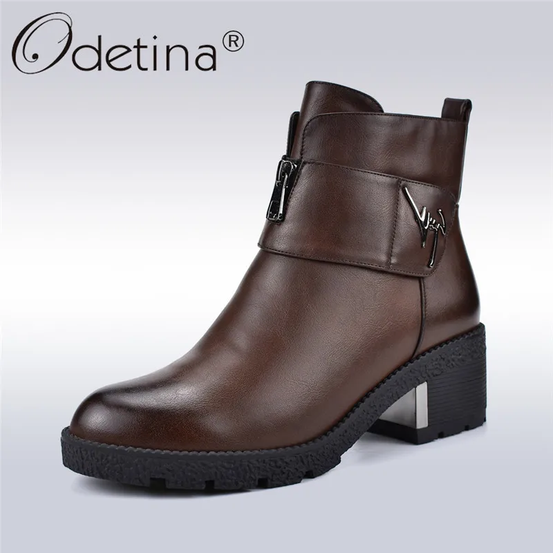 

Odetina New Fashion Winter Warm Womens Thick Heel Ankle Boots With Side Zipper Platform Booties Square Heels Metal Decoration