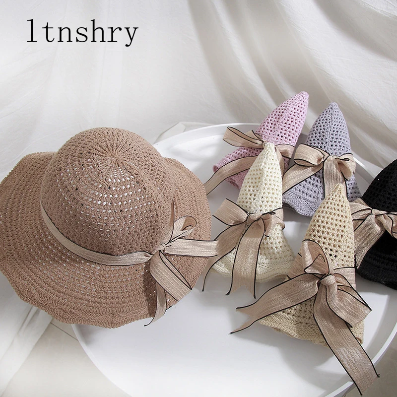 

2019 Summer Fashion Cotton women Hat Wide Brim Caps Bow Ribbon Sun hat Visor Stripe Casual Ladies Beach Foldable Outdoor