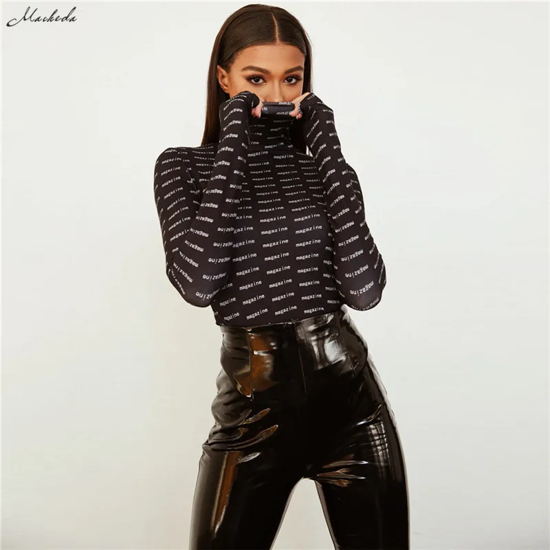

Macheda Fashion Turtleneck Black Bodysuit Slim Letter Printing Bodysuits Women 2018 New Autumn Winter Long Sleeve Bodysuit
