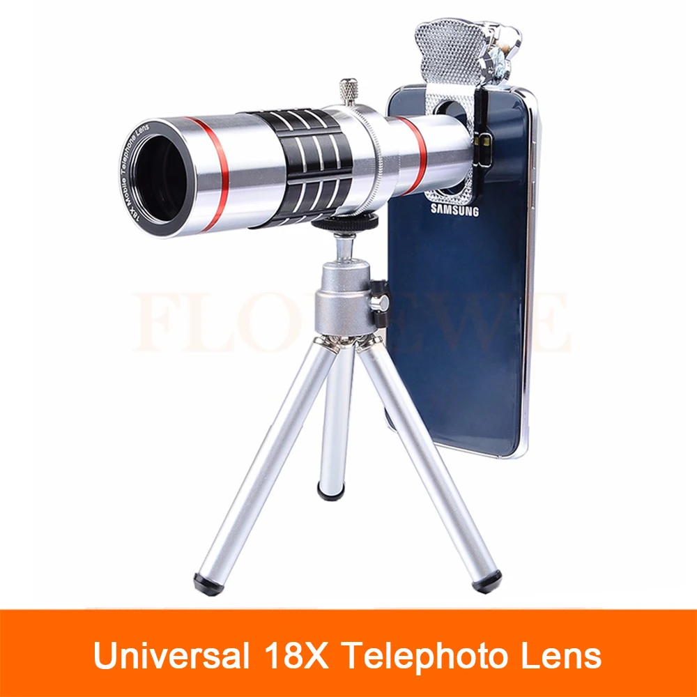 imágenes para Universal 18X Teleobjetivo Zoom Lente Del Telescopio Óptico de Lentes de Cámara Del Teléfono para el iphone 7 5 6 S Teléfonos móviles Más con Trípode Clip imágenes para Universal 18X Teleobjetivo Zoom Lente Del Telescopio Óptico de Lentes de Cámara Del Teléfono para el iphone 7 5 6 S Teléfonos móviles Más con Trípode Clip