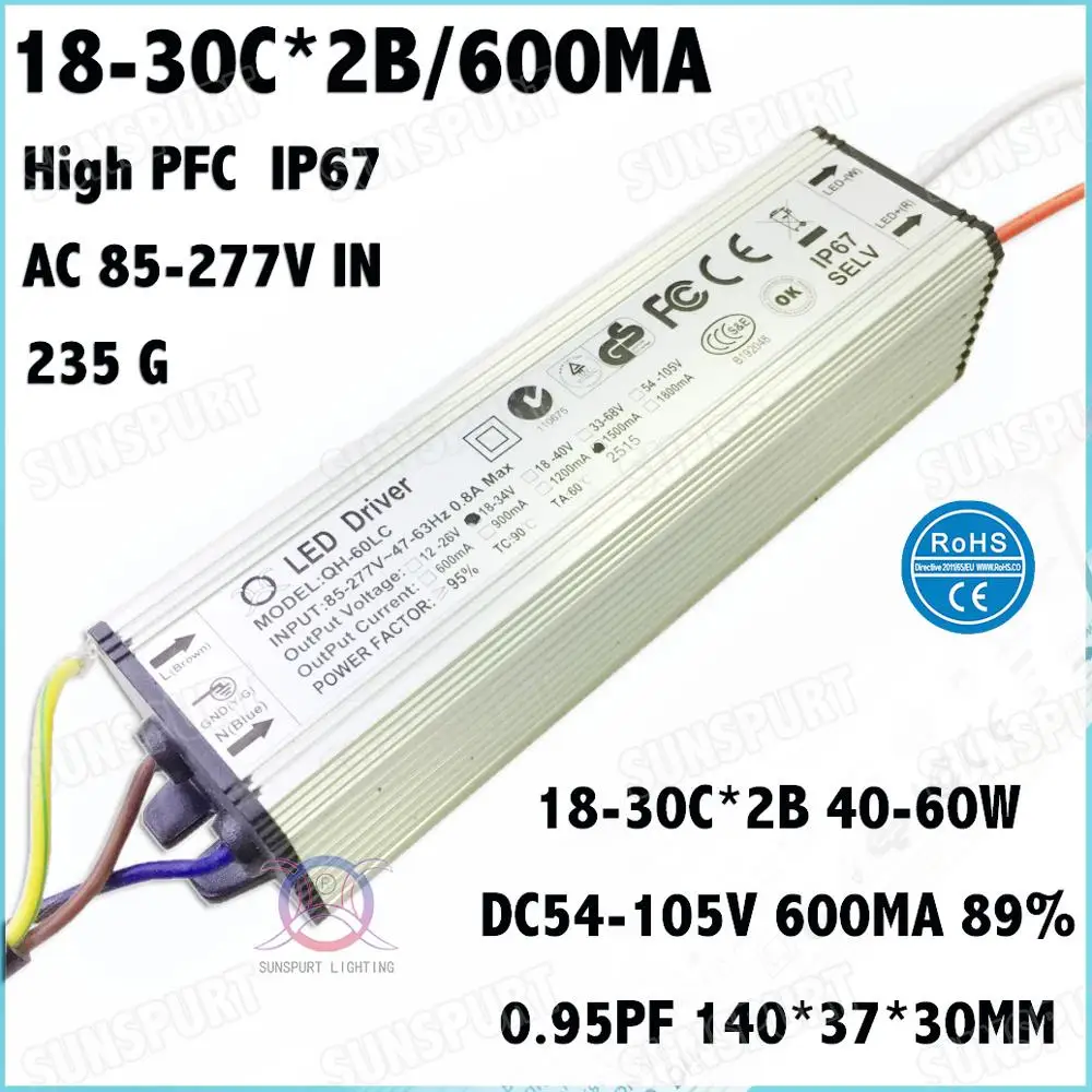 

2 Pcs Waterproof IP67 High PFC 60W AC85-277V LED Driver 18-30Cx2B 600mA DC54-105V Constant Current For Spotlights Free Shipping