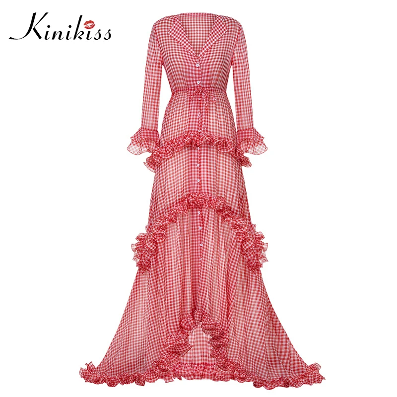 

Kinikiss women party dress elegant floor-length maxi dress plaid red flare sleeve full sleeve asymmetric empire summer dress