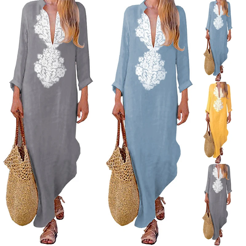 2018 Autumn Beach Vacation Women Dresses Printed Boho Maxi Long Dress Long Sleeve Sexy  V Neck Elegant National Style Vestidos
