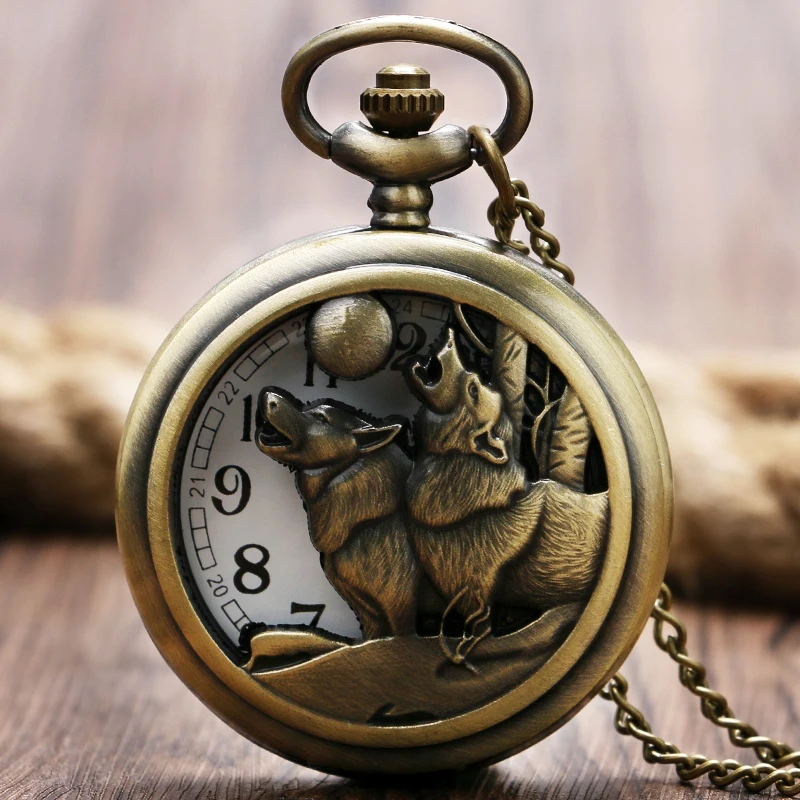 

High Quality Hollow Retro Bronze Full Moon Wolf Howl Theme Fob Quartz Pocket Watch With Necklace Chain Best Gift Men Women