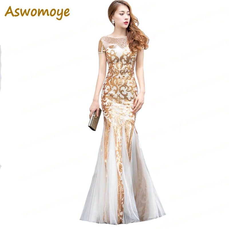 

2018 Autumn New Stylish Elegant Mermaid Long Golden Evening Dress Beaded O-Neck Sequin Short Sleeve Prom Dress robe de soiree