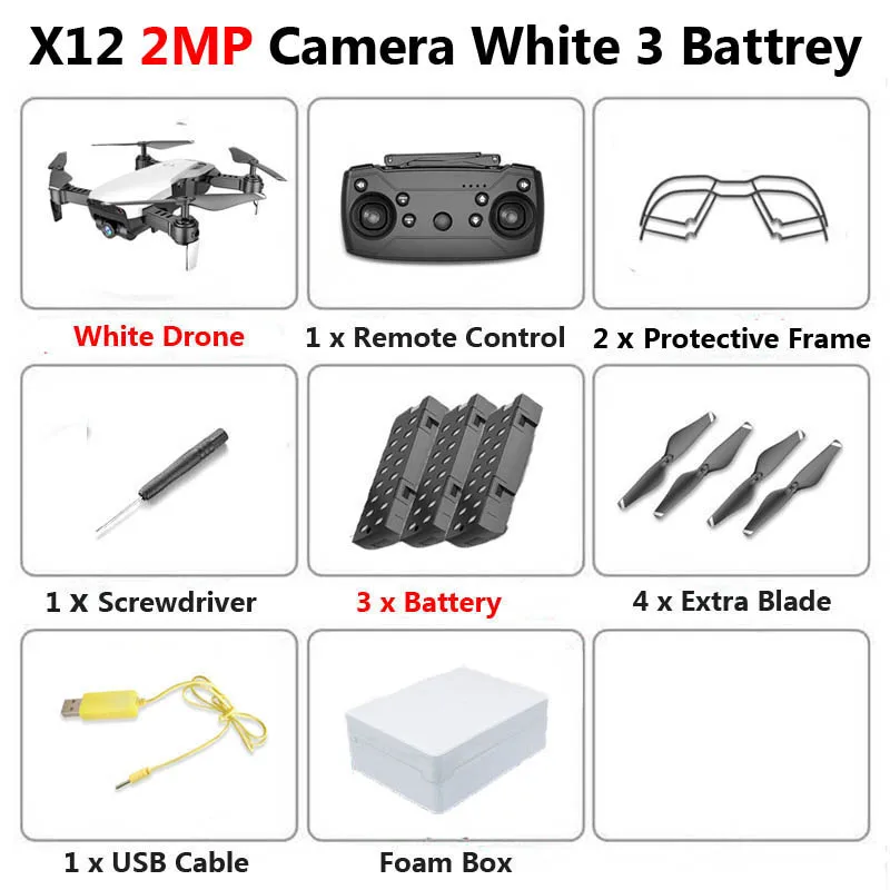 X12 WiFi FPV Mini Foldable Drone Camera 0.3MP 2MP HD Optical Flow Aerial Video Profissional RC Quadcopter Helicopter Toys SG106 - Цвет: 2MP White 3B Foam