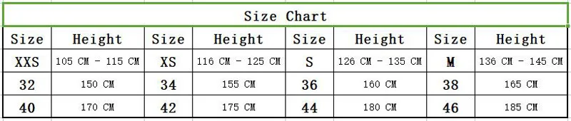 Taiji size chart