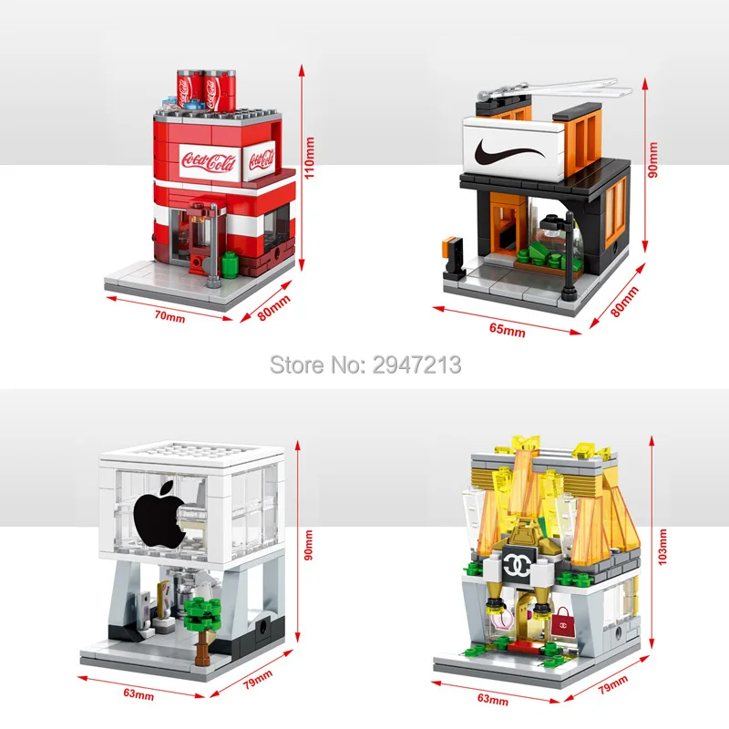 

4 PZ hot sembo block compatible lepin city mini Street View Building blocks Apple Store Famous clothes Drinks Handbag Shop toys
