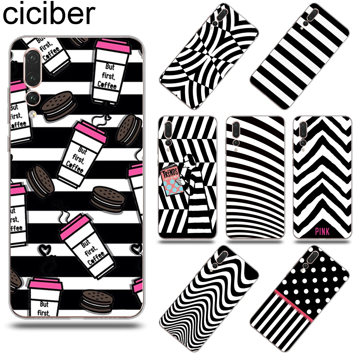 

ciciber Black White Striped Cover for Huawei P30 P20 Pro Lite Soft TPU Phone Case for P10 P9 P8 Plus Lite mini P Smart 2019 2017