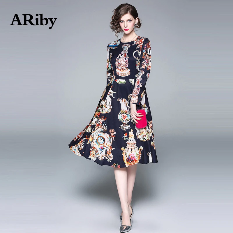 Women Dress Elegant Party Dress 2019 Spring/Summer New Fashion Round Collar Long-sleeved Vintage Printed A-Line Dress Plus Size Women Dress Elegant Party Dress 2019 Spring/Summer New Fashion Round Collar Long-sleeved Vintage Printed A-Line Dress Plus Size