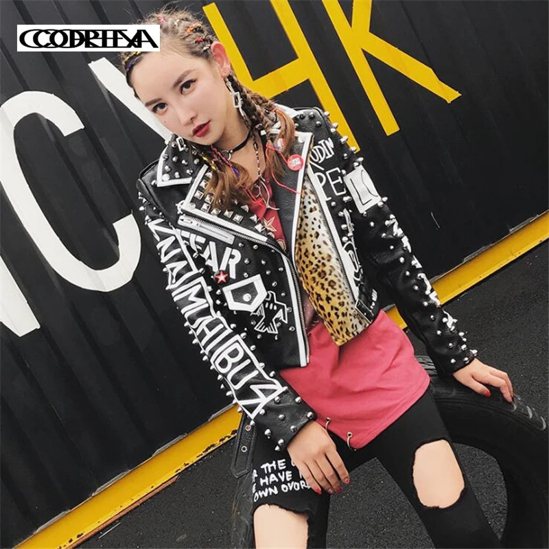 

New Autumn Women Rock PU Leather Jacket Women Zipper rivet leopard stitching Short Coat Motorcycle Black Faux Leather Outwear
