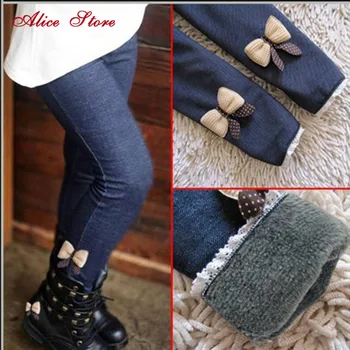 

Alice New 2018 girls bow jeans cotton children cashmere pants kids warm elastic waist legging wholesale and retail