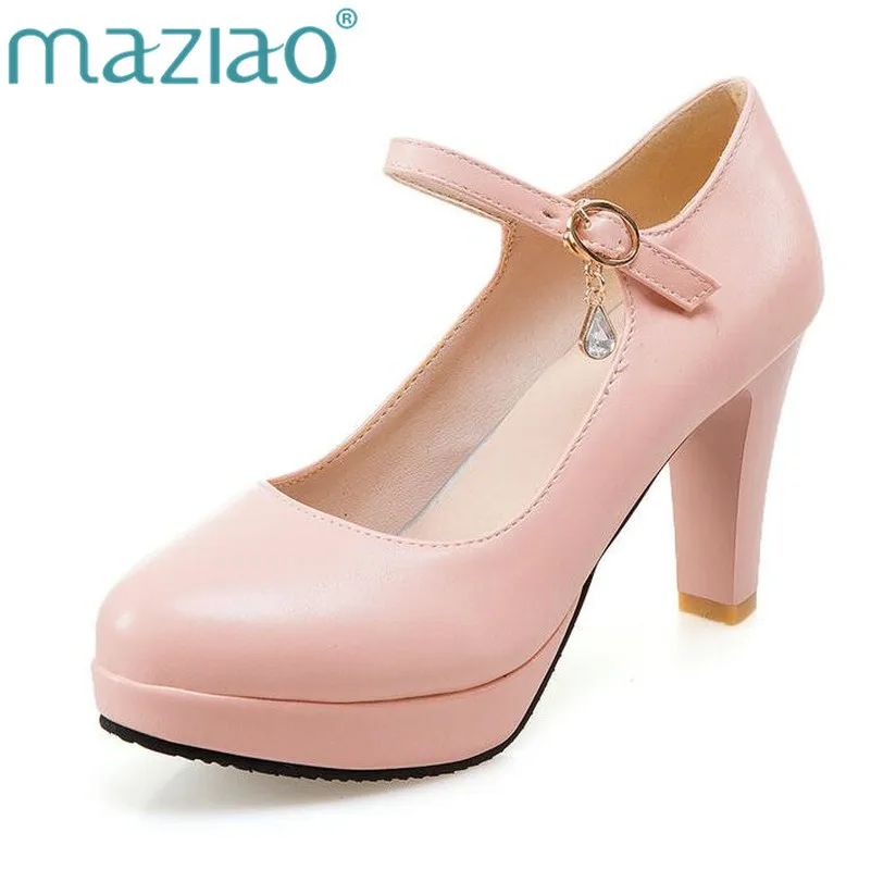 

MAZIAO 2018 Women Pumps Ladies Shoes White Square High Heel Round Toe Rhinestone Fashion Woman Wedding Shoes Size 33-43