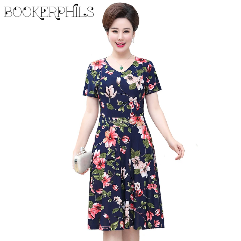 

2019 Summer Women Short Sleeve Floral Print Dress Female Mid-calf Plus Size XL-5XL Fashion Casual V-Neck Vintage Party Dress
