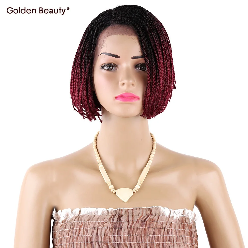 6 16inch Short Bob Lace Front Wig Ombre Burgundy Braid Synthetic Wigs