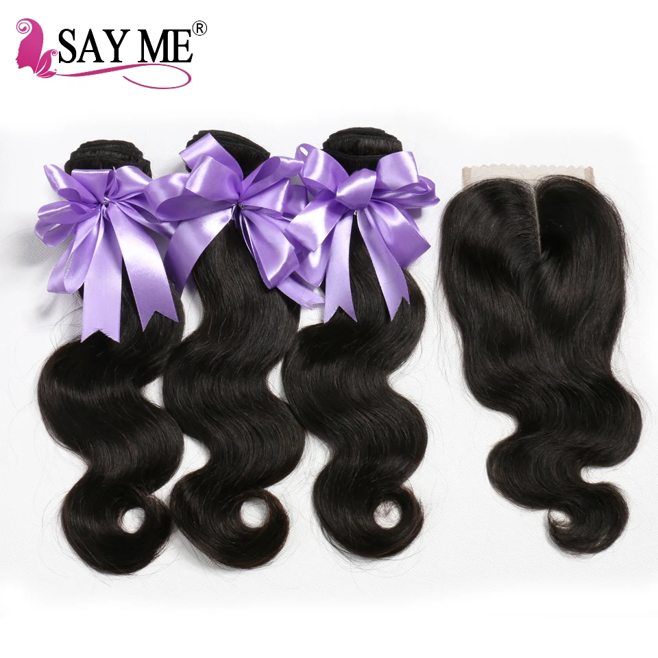 SAYME 100% Human Hair Bundles With Closure 3 Bundles Brazilian Hair Weft Body Wave Weave 4x4 Middle Part Non Remy Lace Closure body-wave