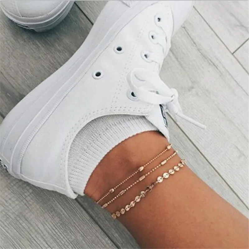 

12 pcs US0.93 per Metal Sequins Anklets Bohemian Beach Silver Color 3 Layers Handmade Minimalist Chain Ankle Bracelet for Women
